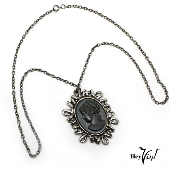 Vintage Large Black Cameo Necklace Chunky Abstract Pendant 24" Chain - Hey Viv - Picture 4 of 7
